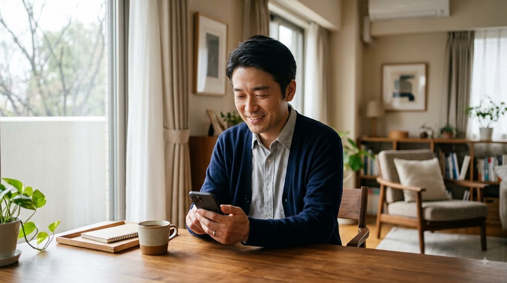 スマートフォンでLINEのメッセージを確認し、穏やかな表情を見せる50代男性
